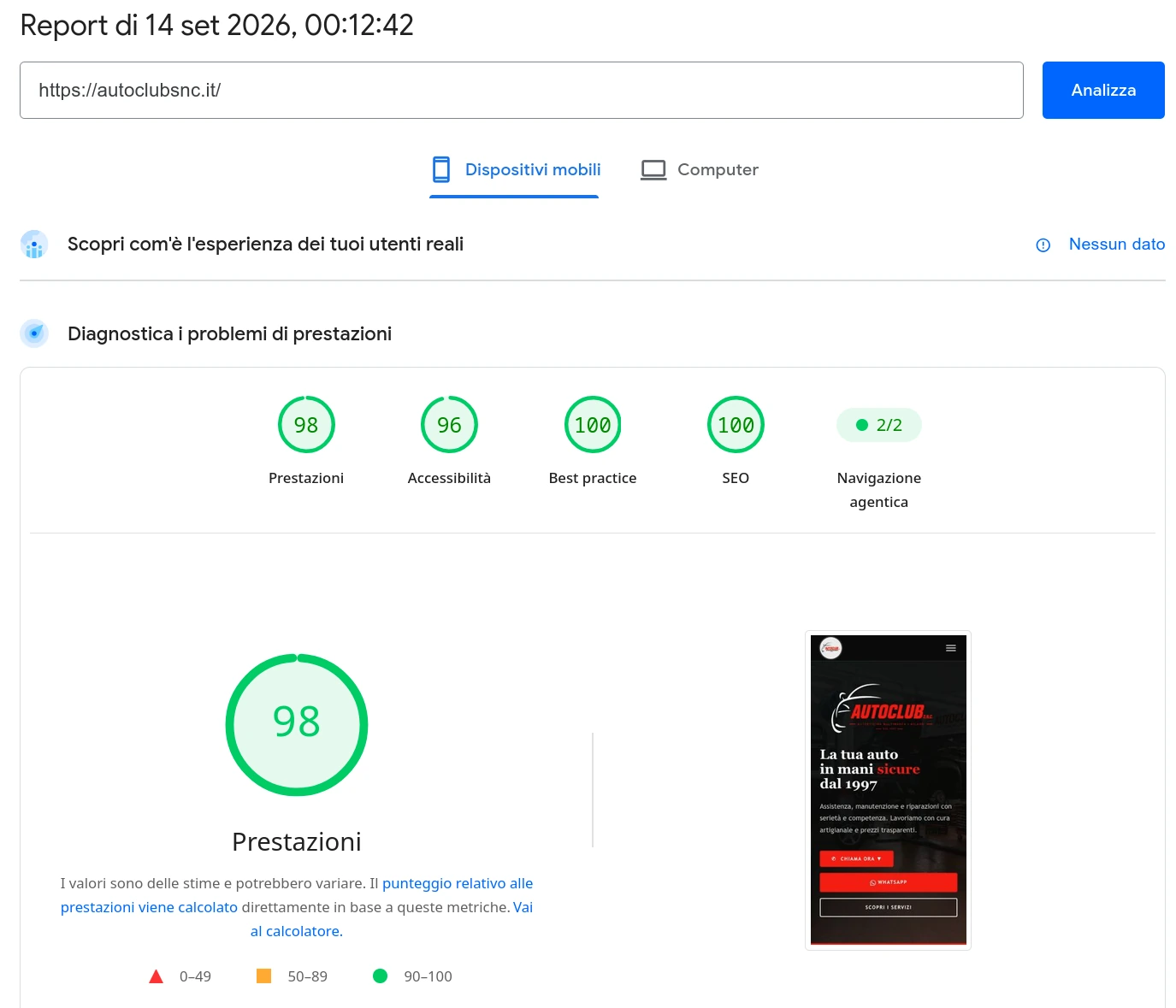 Google PageSpeed Insights Autoclub SNC mobile: prestazioni 98 su 100