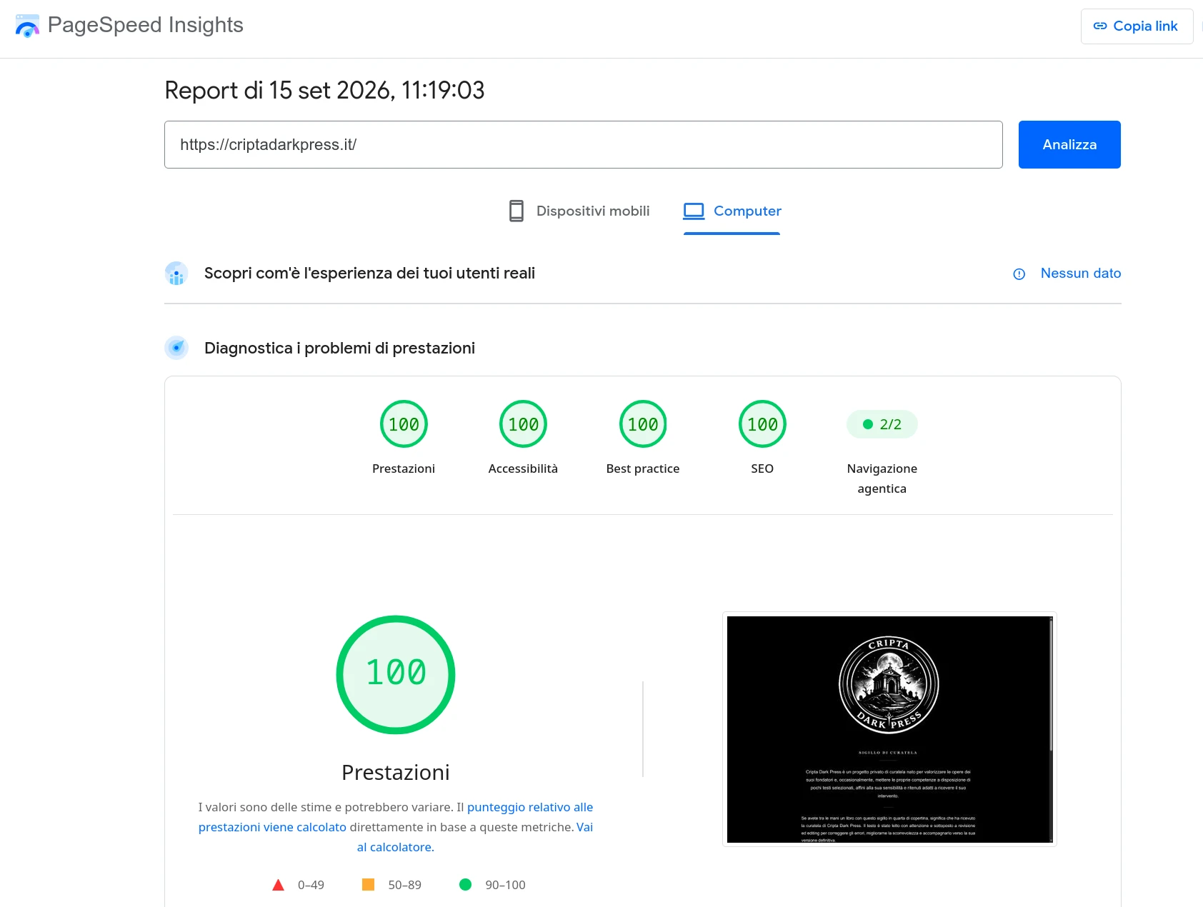 Google PageSpeed Insights Cripta Dark Press desktop: prestazioni 100 su 100
