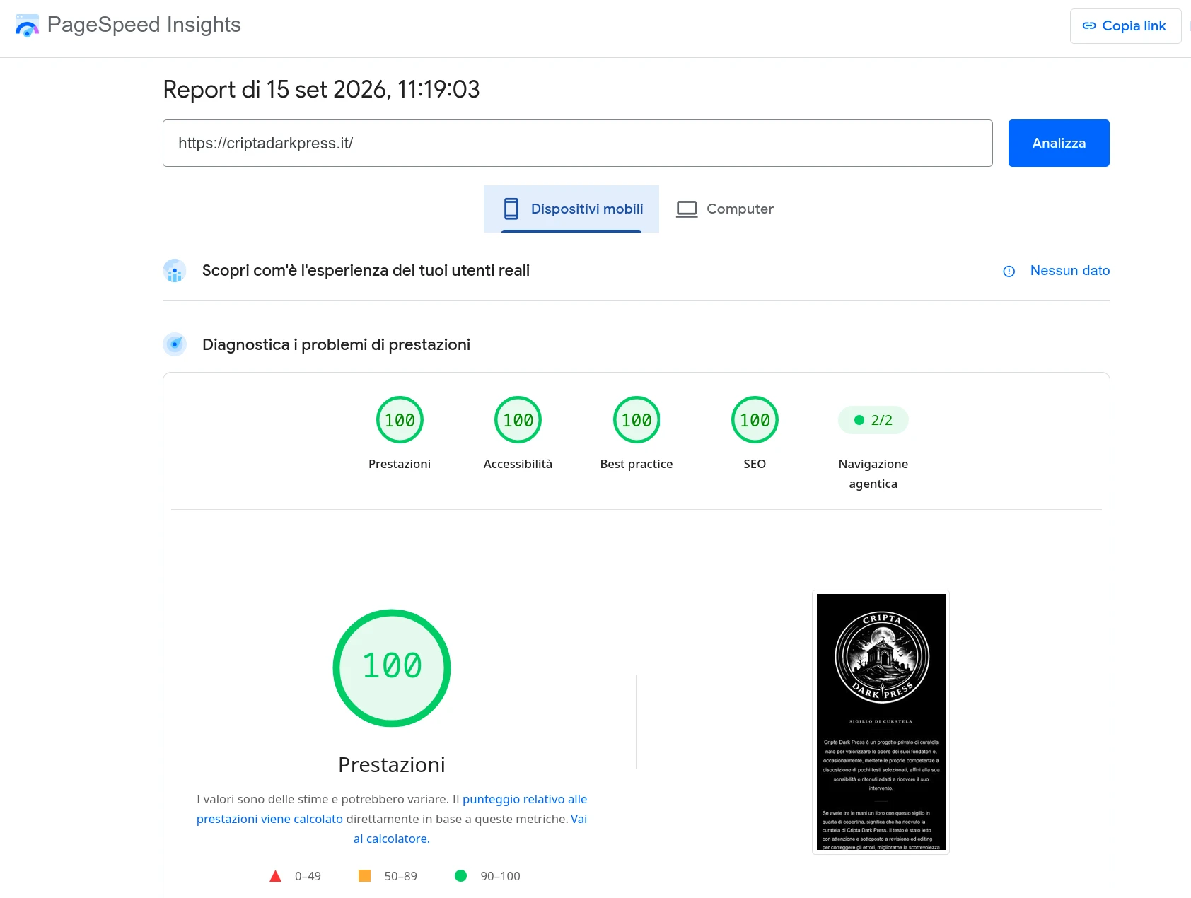 Google PageSpeed Insights Cripta Dark Press mobile: prestazioni 100 su 100